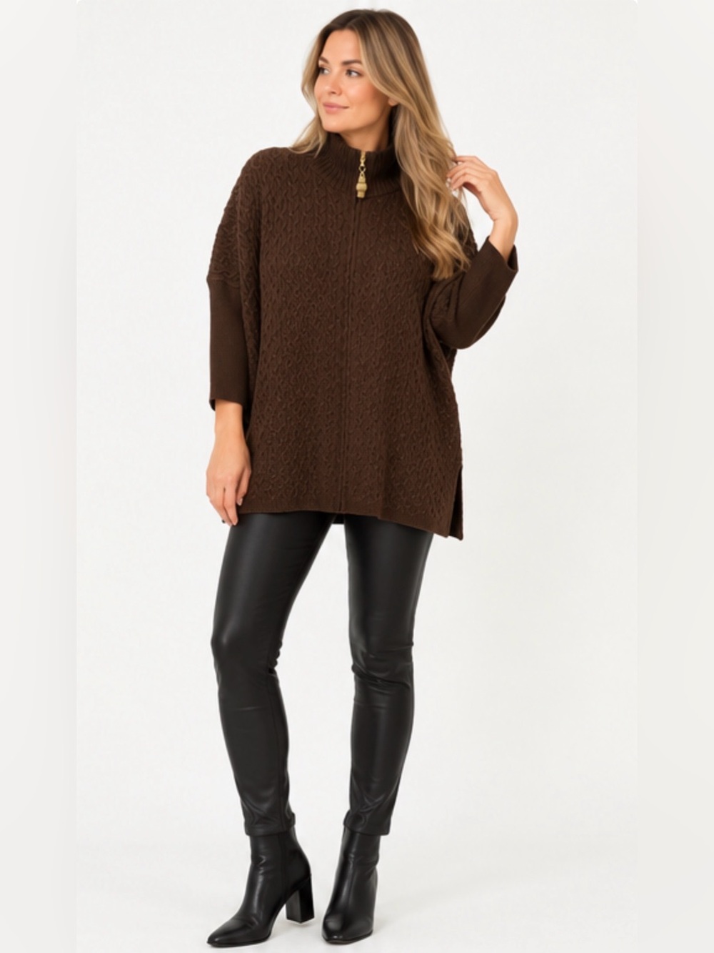 St. John Collection 100% Wool Brown Cable Knit Zip Cardigan Sweater P